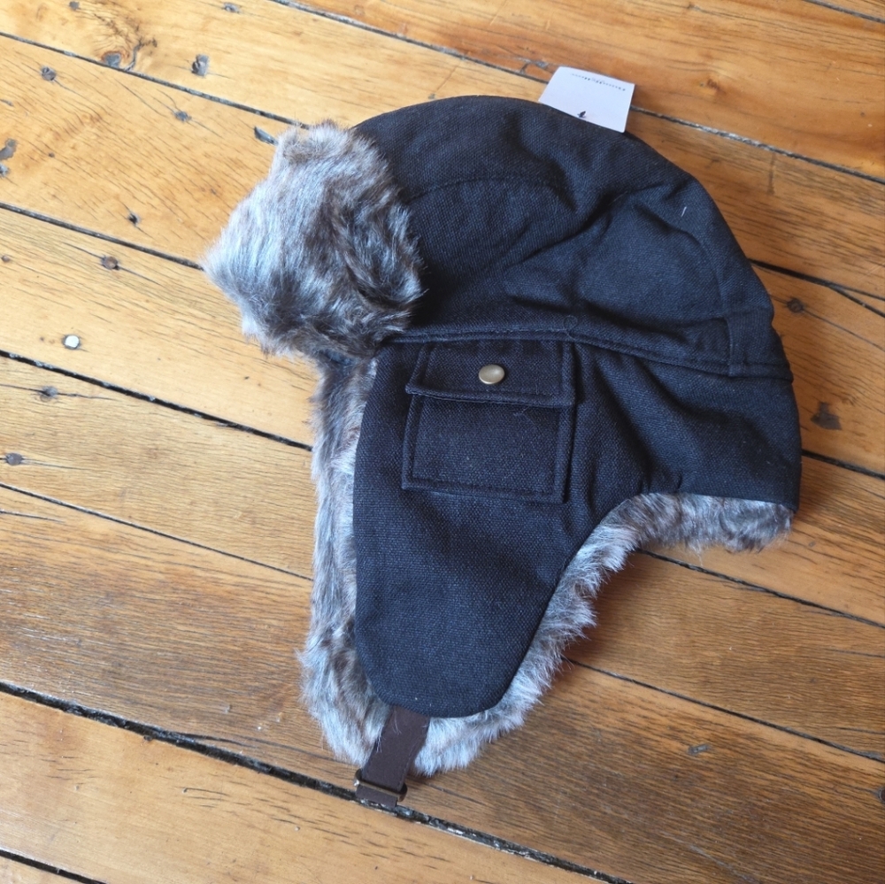 Mens Goodfellow Black Trapper Hat Ear Flap Hat Chin Strap NEW